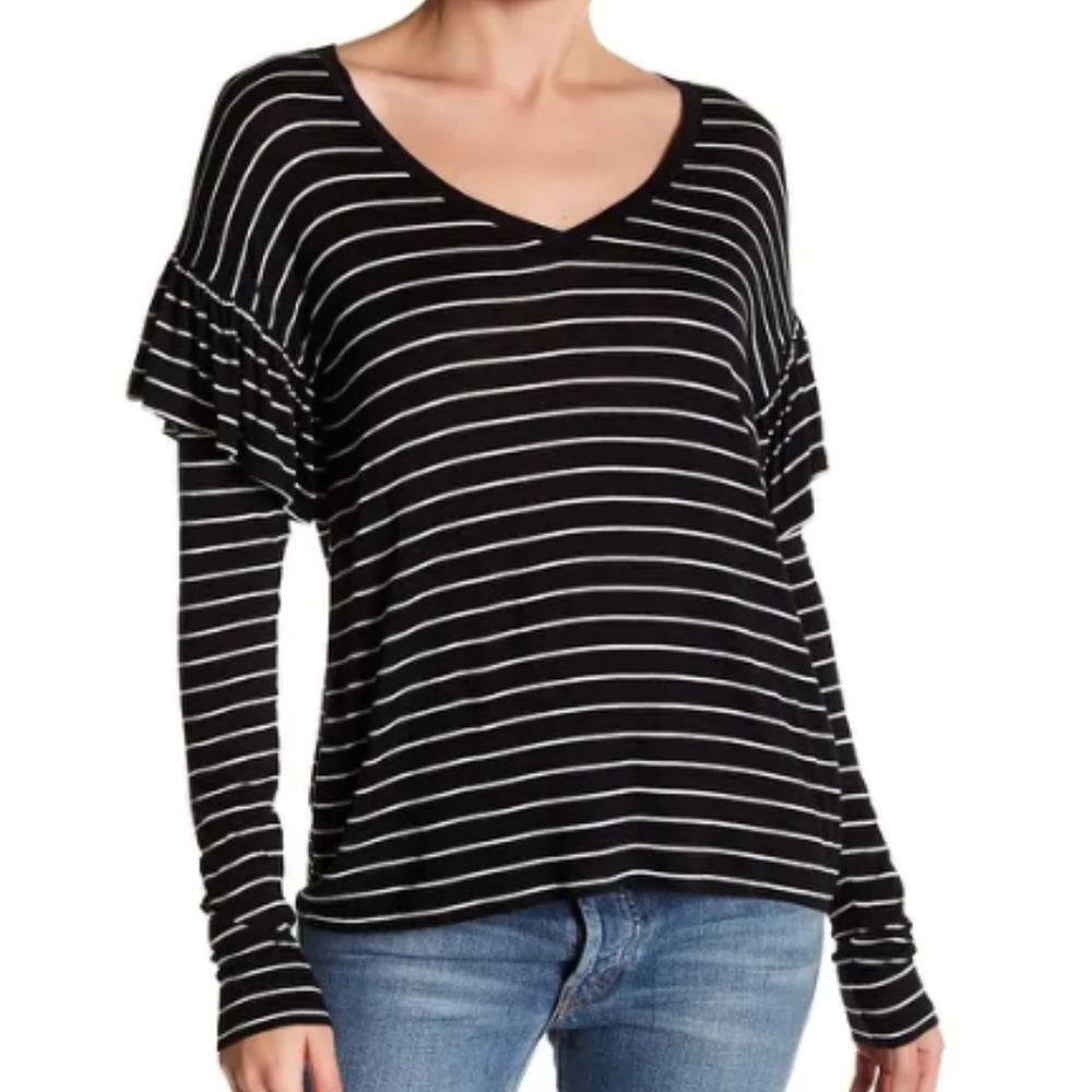Womens Striped Ruffled Sleeve Knit Top L